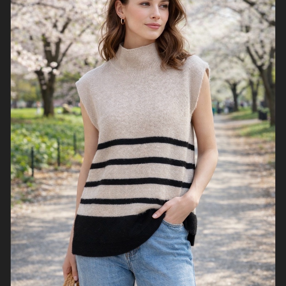 Cream CRStari Slipover Turtleneck Sweater Rib Knit Striped Pullover Size S/M